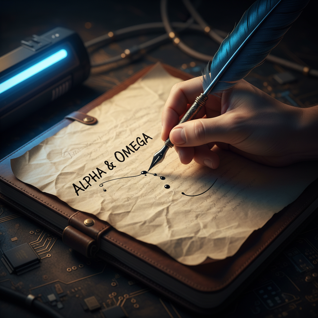 Mano escribiendo con una pluma estilográfica sobre papel antiguo la frase Alpha & Omega en un entorno tecnológico.