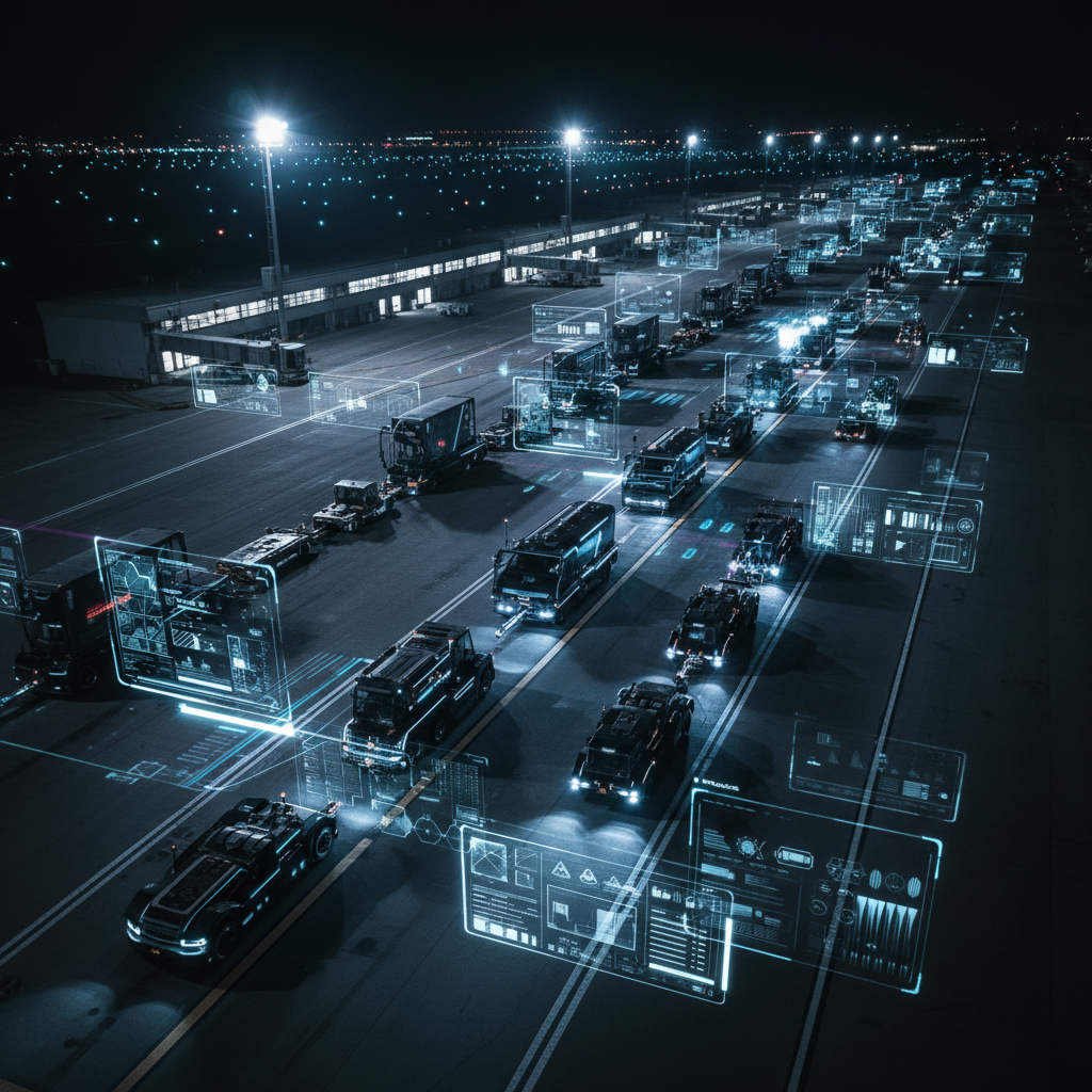 Vista aérea de vehículos de carga en una plataforma aeroportuaria nocturna con interfaces digitales de análisis superpuestas.