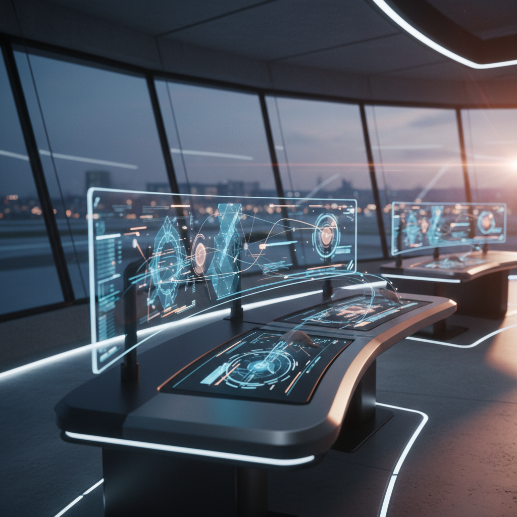 Centro de control futurista con pantallas holográficas y escritorios tecnológicos frente a un ventanal con vistas a una ciudad al atardecer.
