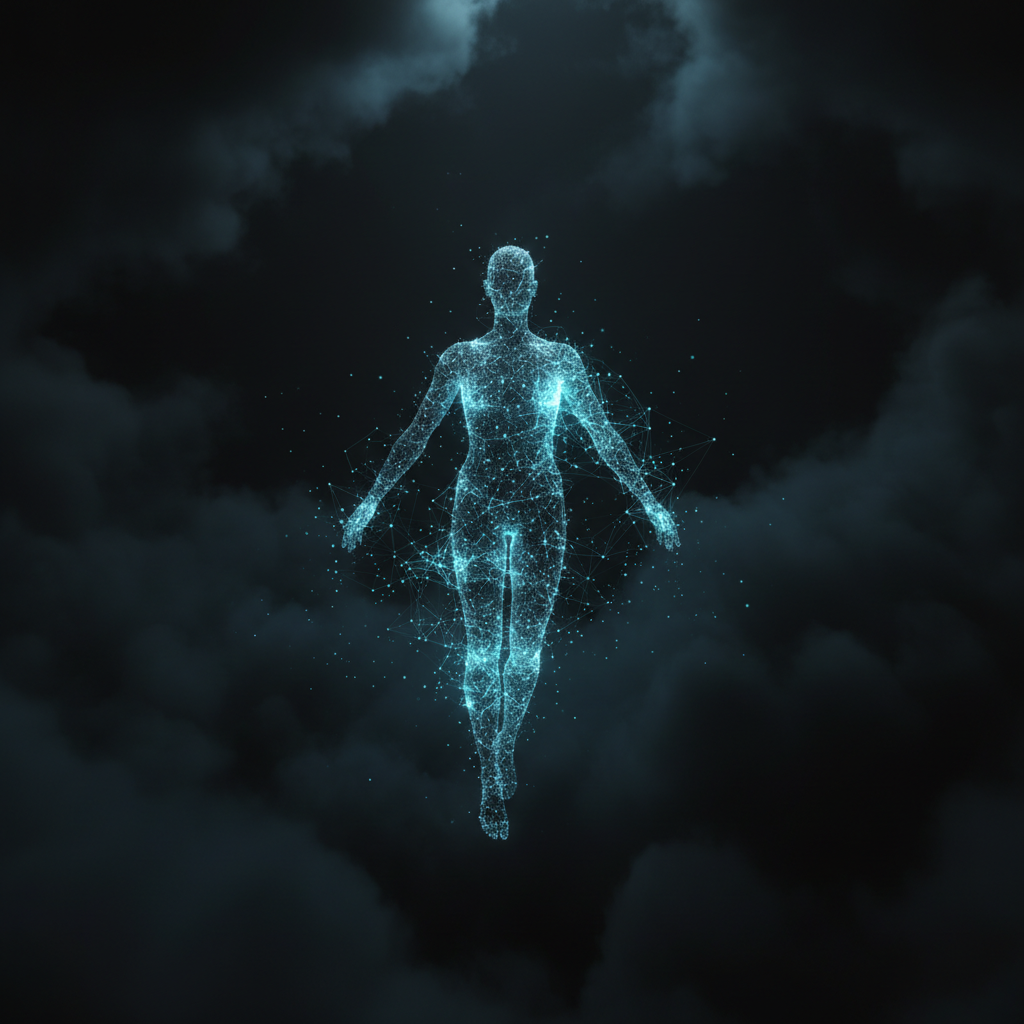 Silueta humana formada por una red de nodos y conexiones luminosas flotando entre nubes oscuras.