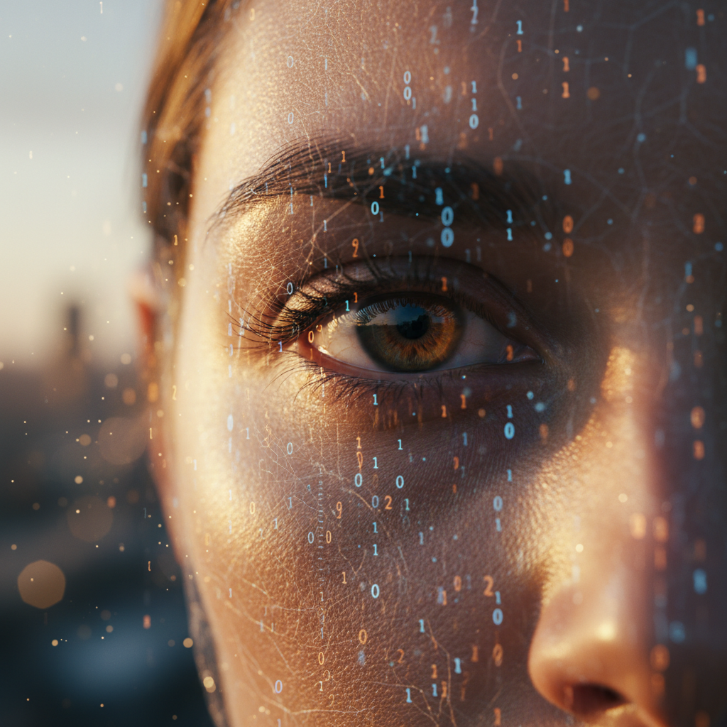 Primer plano del rostro de una persona con un patrón de datos digitales y números binarios sobrepuestos sobre su piel y mirada.
