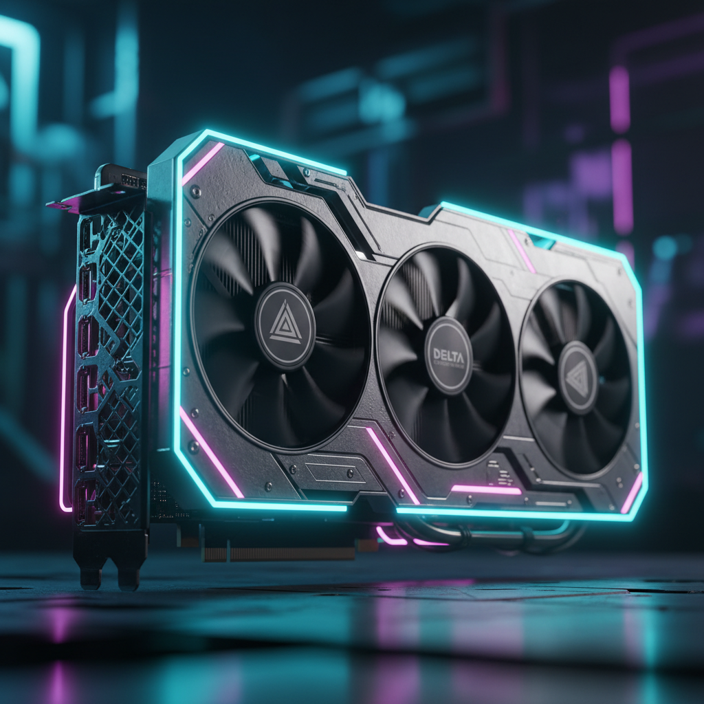 Tarjeta gráfica de alto rendimiento con tres ventiladores y bordes con iluminación LED RGB de color cian y magenta.