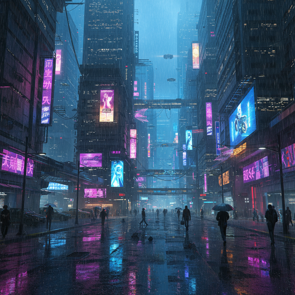 Calle de una metrópoli futurista bajo la lluvia con letreros de neón, rascacielos altos y personas caminando por la acera mojada.