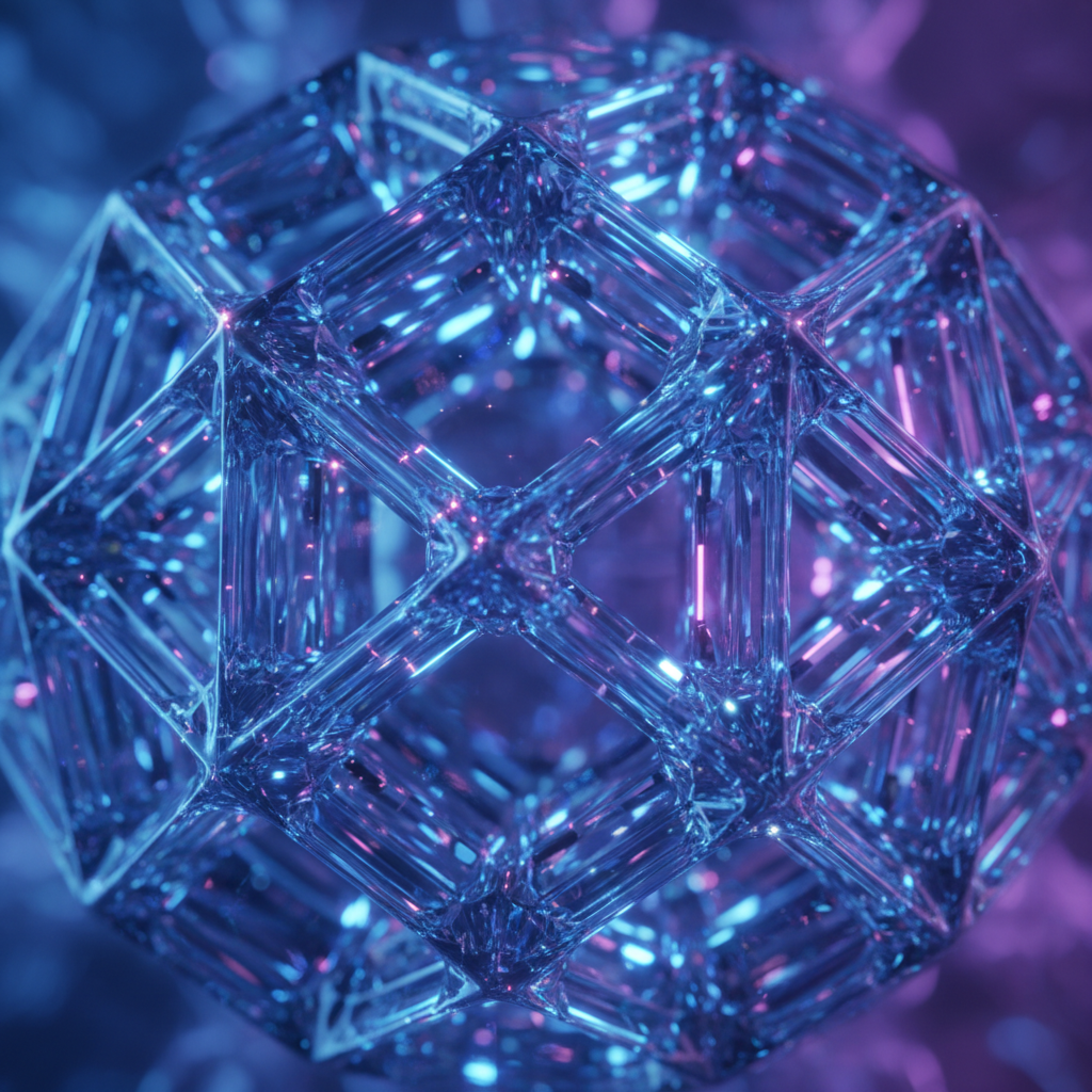 Estructura geométrica esférica compuesta por cristales interconectados con iluminación azul y violeta.