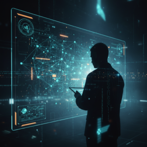 Grupo diverso de profesionales de negocios colaborando en una reunión alrededor de una mesa de conferencia en una oficina moderna y luminosa.