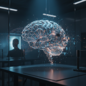 Representación digital holográfica de un cerebro humano conectada a una red de datos en un entorno de laboratorio tecnológico.