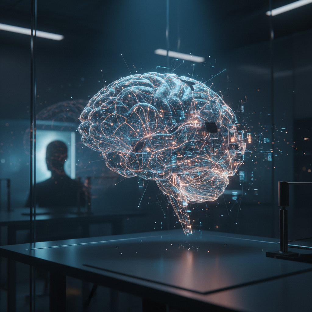 Representación digital holográfica de un cerebro humano conectada a una red de datos en un entorno de laboratorio tecnológico.