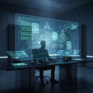 Un robot humanoide de aspecto moderno y elegante, con detalles luminosos azules en sus articulaciones y ojos, camina sobre una superficie metálica en un entorno futurista oscuro.