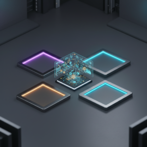 Un equipo de profesionales colaborando en una reunión en una oficina moderna con pantallas y mesas de trabajo.