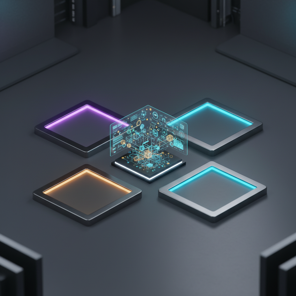 Un equipo de profesionales colaborando en una reunión en una oficina moderna con pantallas y mesas de trabajo.