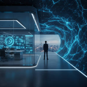 Un ordenador portátil con pantalla negra sobre una mesa de madera, con una taza de café y un vaso de agua al lado.