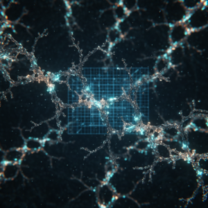 Estructura neuronal ramificada con partículas de luz y una cuadrícula digital de fondo.