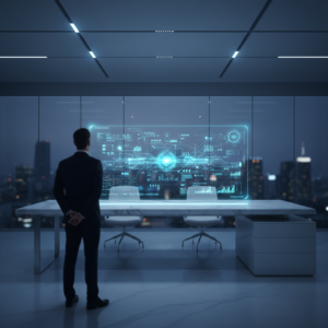 Un hombre de negocios de espaldas observa un panel holográfico con datos financieros y gráficos digitales en una oficina moderna frente a un paisaje urbano nocturno.