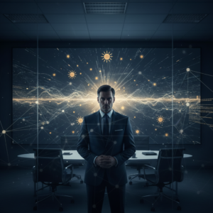 Mujer joven con cabello largo sentada en un escritorio, trabajando enfocada en un ordenador portátil dentro de una oficina moderna.