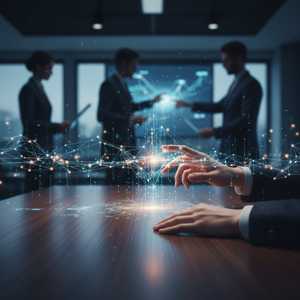 Retrato de un hombre profesional sonriendo, vistiendo un traje oscuro y camisa azul claro, con un fondo de oficina desenfocado.