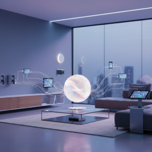 Manos sosteniendo un smartphone con una aplicación de red social abierta y una tarjeta de crédito, con un portátil y un escritorio borroso al fondo.