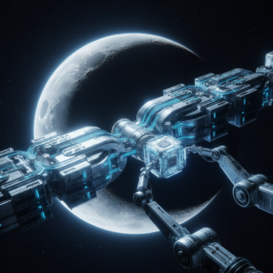 Estructura modular de una estación espacial con un brazo robótico manipulando un cubo tecnológico brillante frente a la luna.