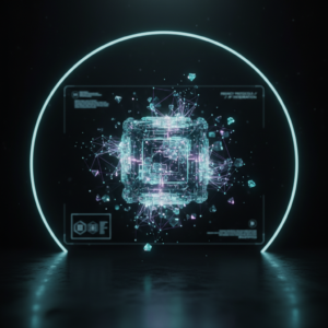 Una mano sostiene un smartphone con la pantalla en blanco y luminosa. El fondo está desenfocado con tonos claros.