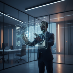 Vista aérea de una rotonda de tráfico con varios vehículos en movimiento y señales viales en una ciudad con edificios.