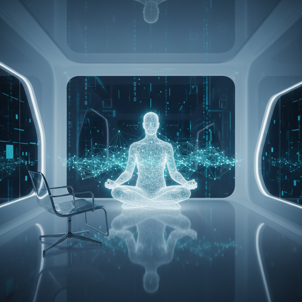 Una persona con una blusa blanca y pantalones negros de mezclilla está sentada en un sofá gris, utilizando un ordenador portátil plateado que tiene una pegatina circular en la tapa, frente a una pared blanca con un cuadro en blanco y negro.