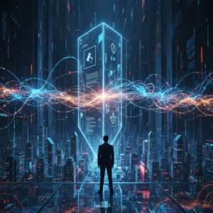 Una pintura abstracta contemporánea con formas orgánicas y una paleta de colores vibrantes que incluyen tonos azules, rojos y amarillos.