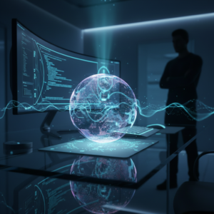 Taza de café humeante sobre una mesa de madera, con un portátil y documentos al lado, en un ambiente de trabajo o estudio.