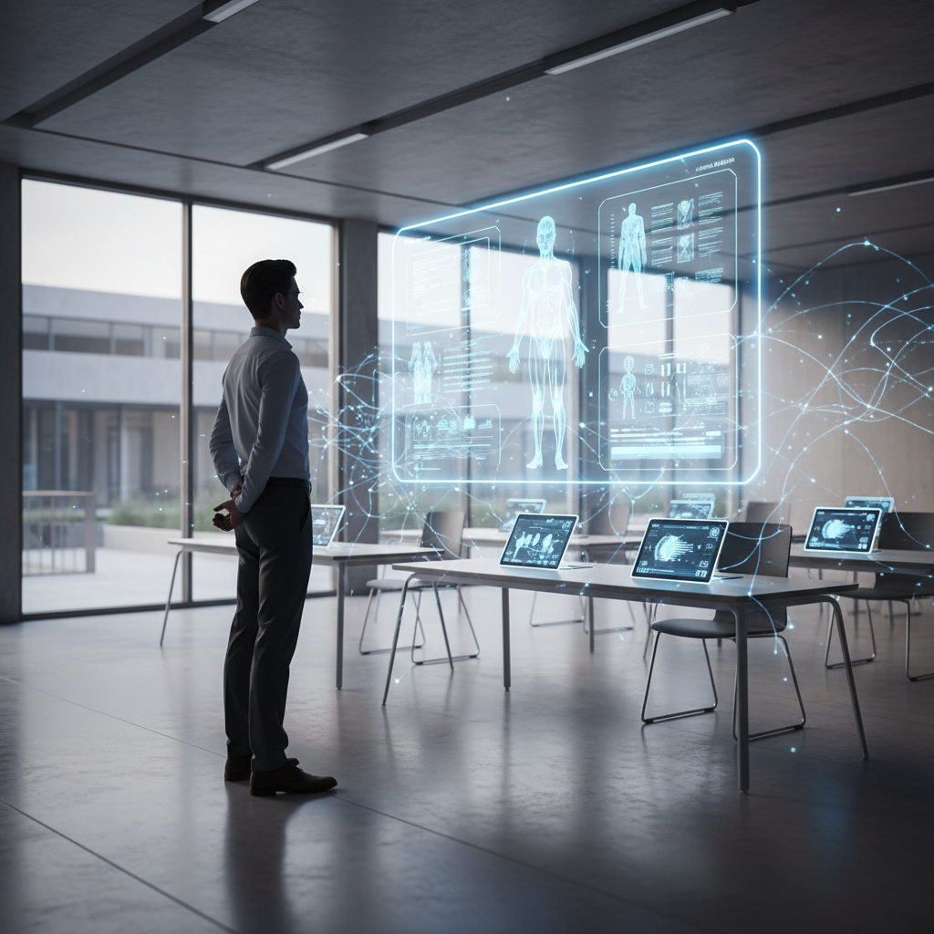 Un hombre observa una proyección holográfica de anatomía humana en una oficina moderna con pantallas en los escritorios.