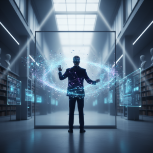 Taza de café con arte latte en forma de corazón sobre una mesa de madera, junto a granos de café y una planta pequeña.