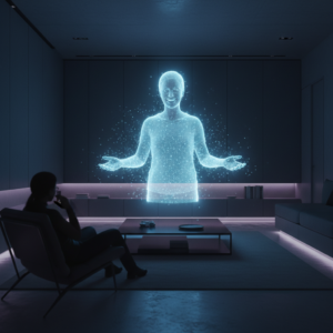 Equipo diverso de profesionales colaborando alrededor de una mesa en una oficina moderna, con uno señalando gráficos de análisis de negocio en un dashboard digital.