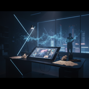 Niño con gafas azules y una camisa de cuadros, mirando atento a la izquierda mientras escribe en un teclado en un escritorio, con una pantalla de ordenador borrosa de fondo.