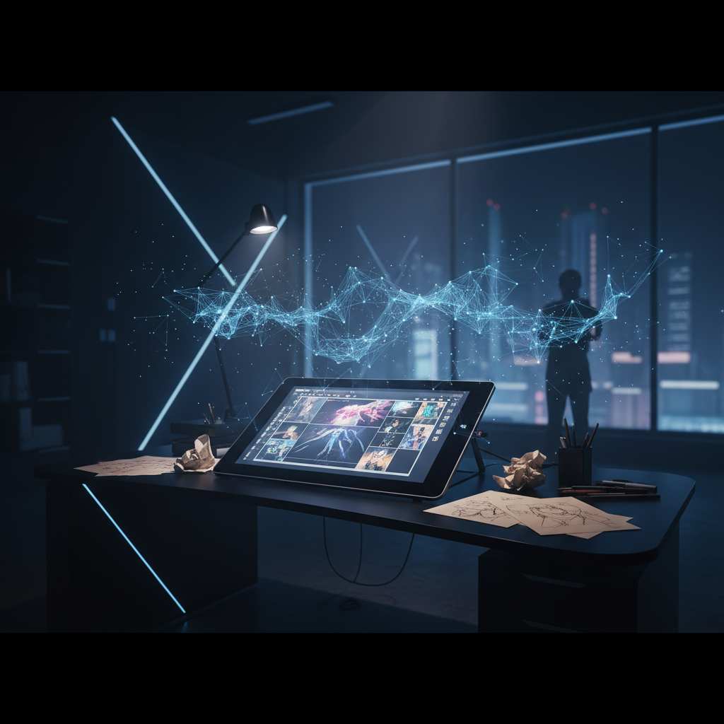 Niño con gafas azules y una camisa de cuadros, mirando atento a la izquierda mientras escribe en un teclado en un escritorio, con una pantalla de ordenador borrosa de fondo.