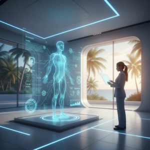 Taza de café con un corazón dibujado en la espuma, sobre una mesa de madera junto a una pequeña planta verde.