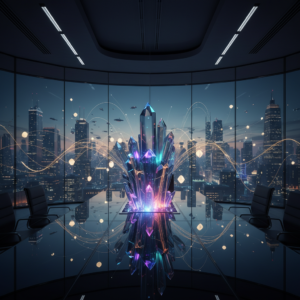 Mujer de negocios sonriendo sosteniendo un teléfono móvil sentada en una terraza soleada con edificios al fondo.