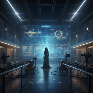 Una mujer sonriente con gafas hablando por teléfono móvil en un entorno de oficina moderno.