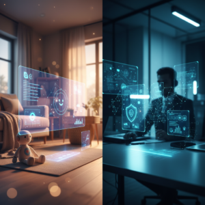Un diseño dividido que muestra un robot de juguete en una sala iluminada con luz cálida y un profesional trabajando con interfaces digitales futuristas en una oficina oscura y tecnológica.