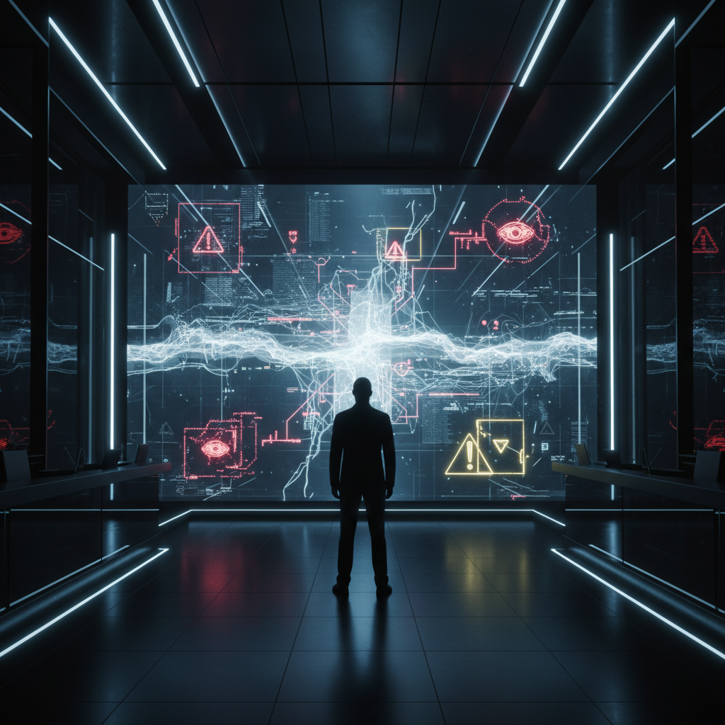 Una persona de espaldas observa una gran pantalla tecnológica con gráficos abstractos, datos, advertencias y símbolos de vigilancia en una sala oscura y futurista.