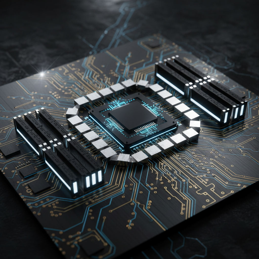 Procesador central rodeado de componentes electrónicos sobre una placa base con circuitos impresos de color azul y dorado.