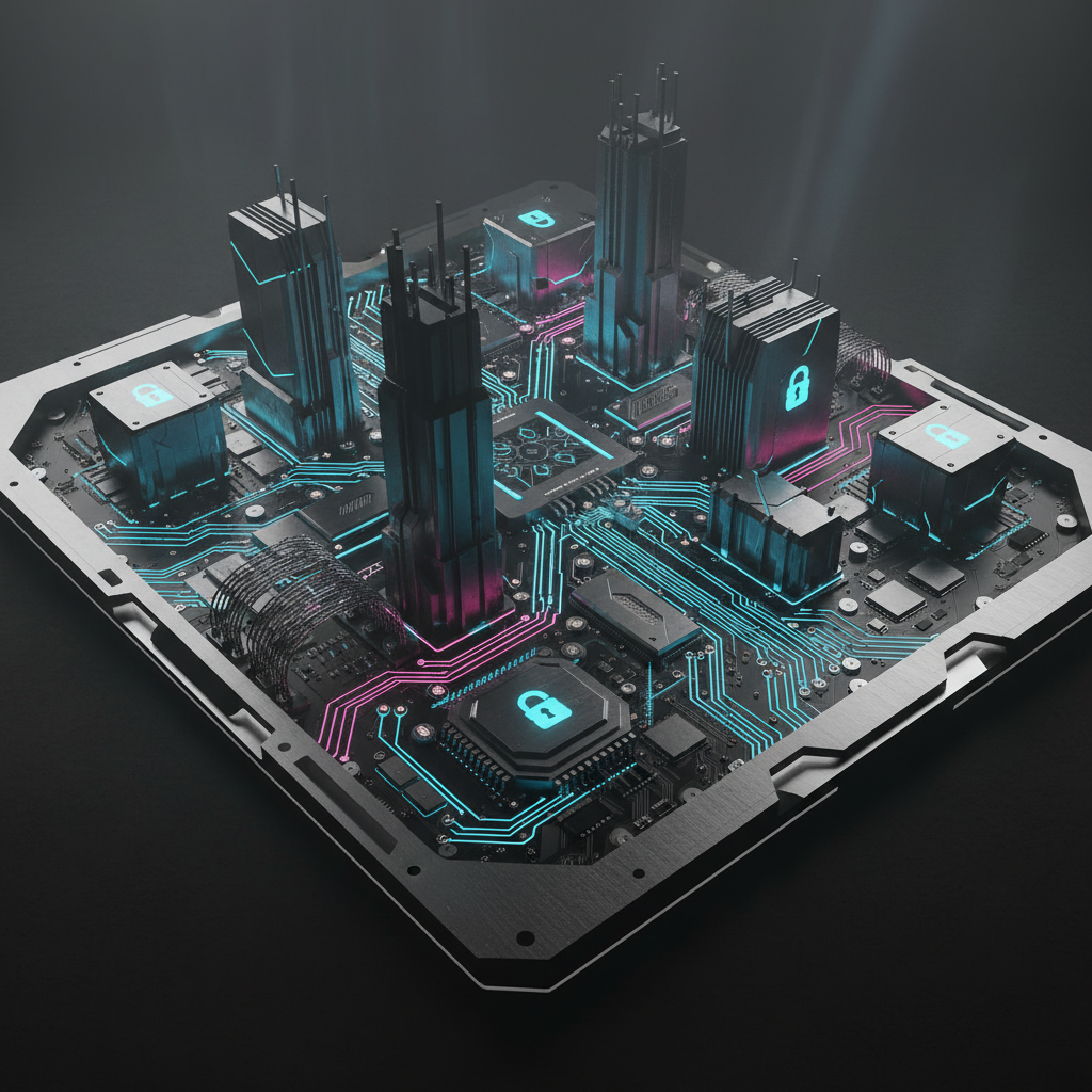 Placa base electrónica con edificios en miniatura y símbolos de candados digitales en tonos neón.