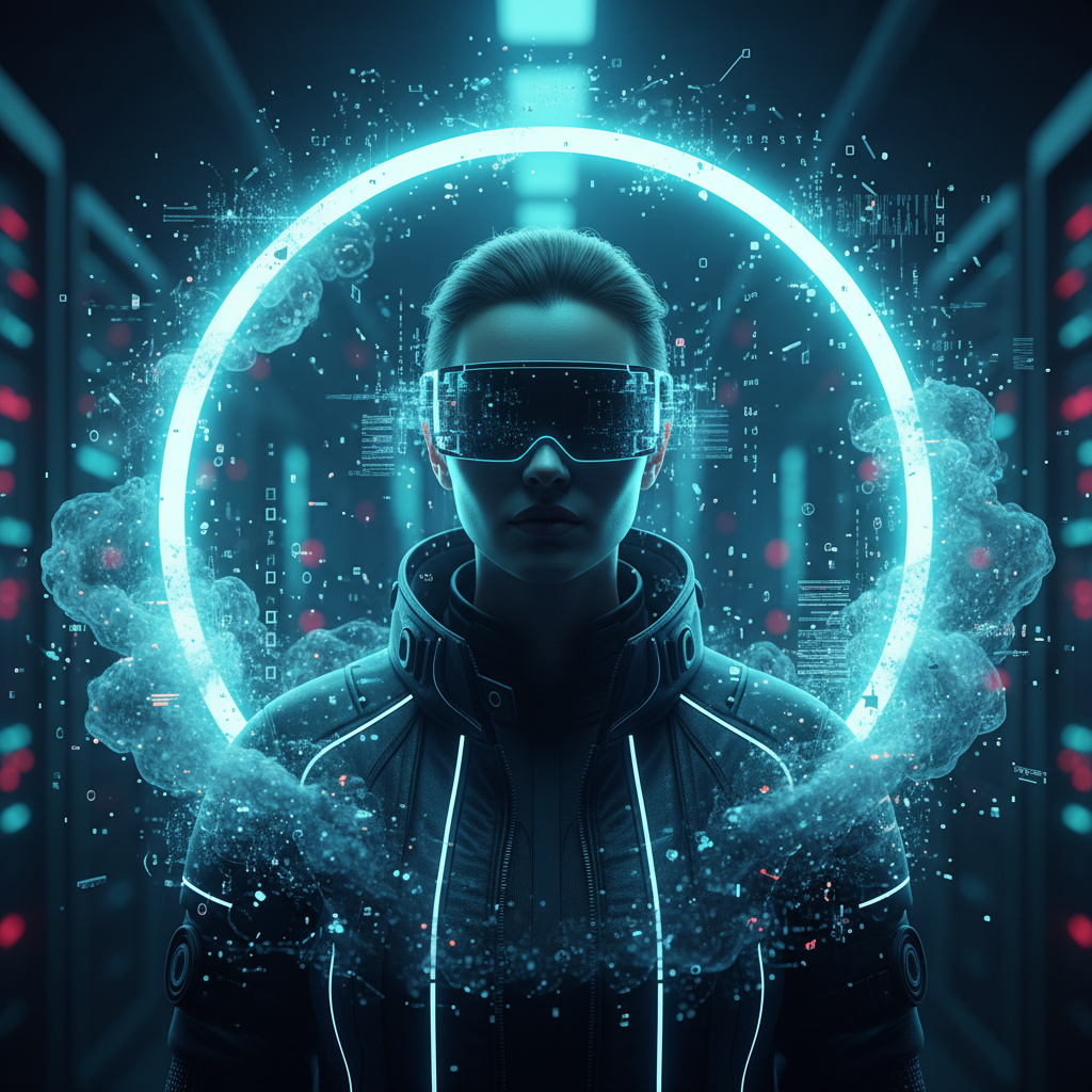 Persona con gafas de realidad virtual en un entorno digital rodeada por un halo de luz azul y datos.