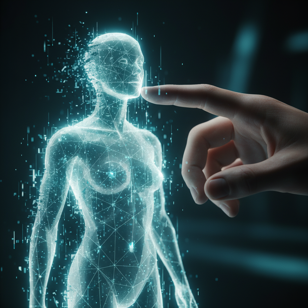 Una mano humana interactúa con una representación digital tridimensional de un cuerpo humano compuesta por líneas de datos y partículas luminosas.