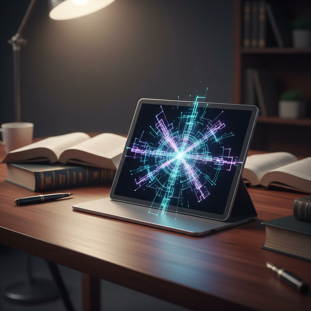 Tablet con una interfaz digital holográfica de líneas de luz sobre una mesa de madera con libros y una lámpara.