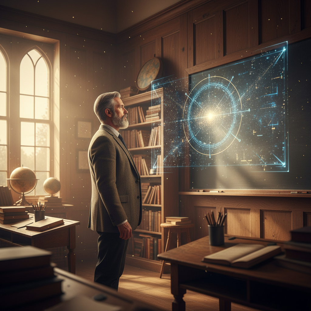 Profesor con barba observando un gráfico holográfico luminoso sobre una pizarra en una biblioteca antigua.