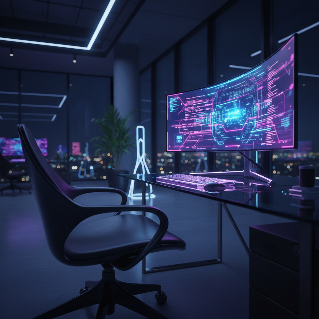 Escritorio de oficina moderna con monitor curvo mostrando interfaz de datos digital en entorno oscuro con ciudad de fondo.