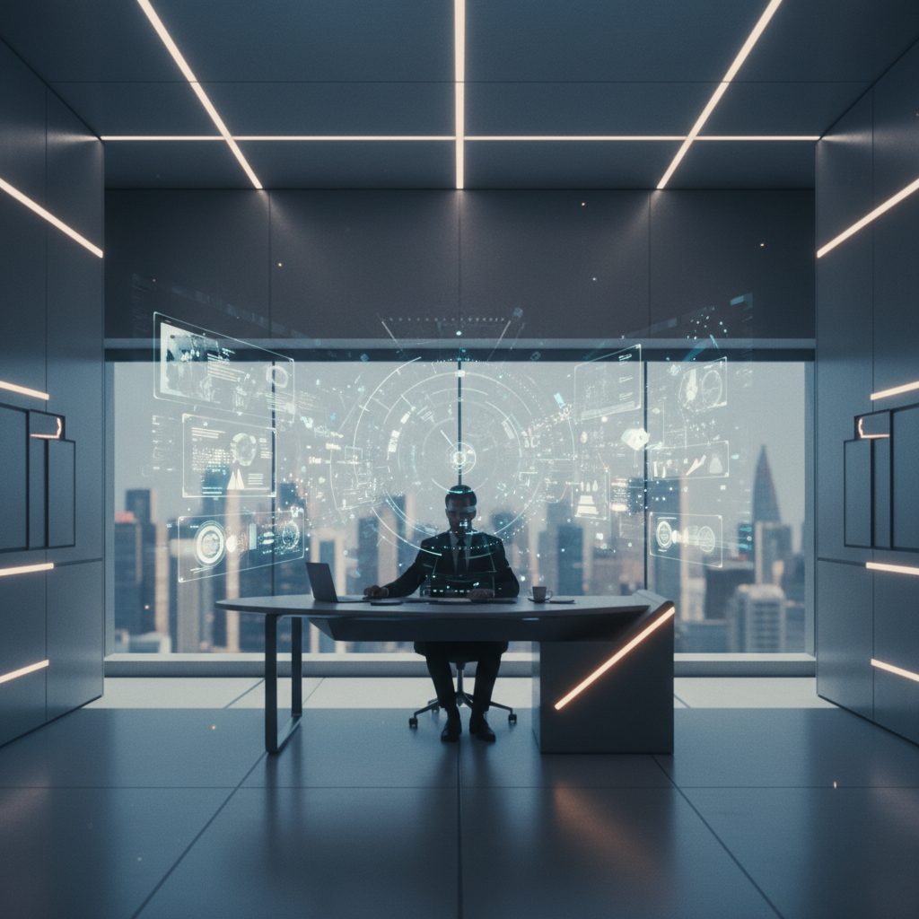 Ejecutivo trabajando en una oficina moderna frente a una interfaz de datos holográficos con vistas a la ciudad.