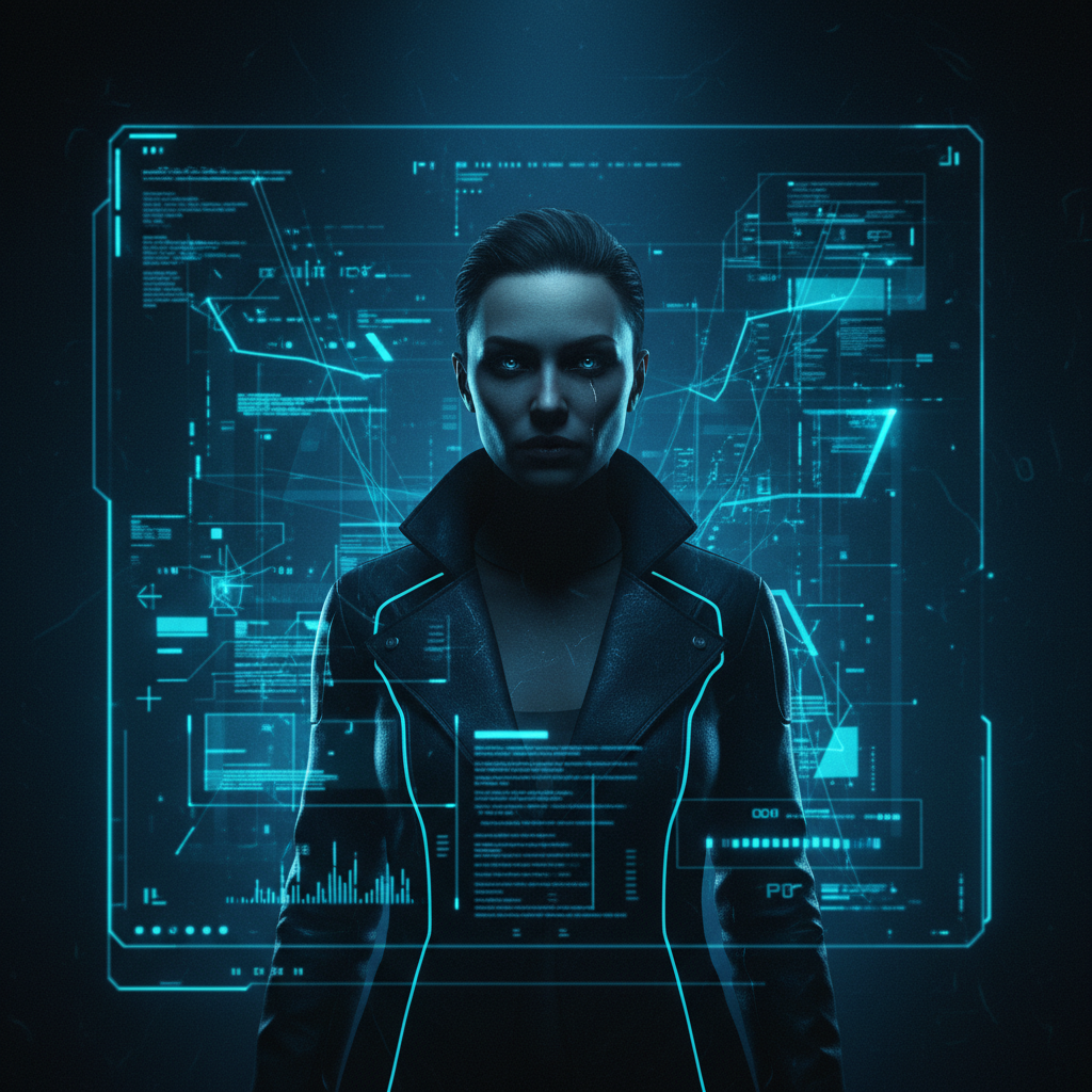 Mujer de aspecto cibernético con mirada intensa frente a una interfaz digital con datos y gráficos en tonos azules.