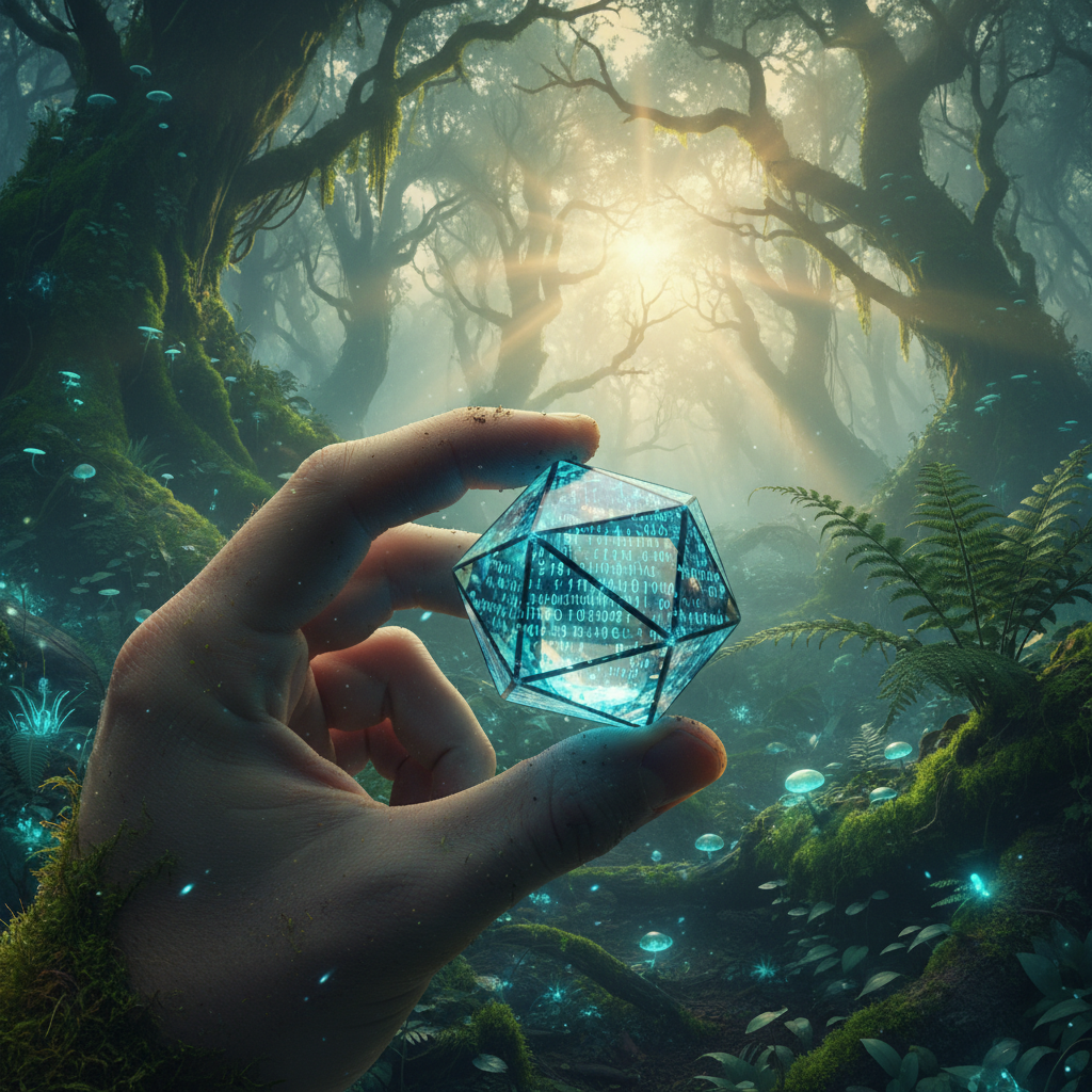 Una mano sosteniendo un poliedro brillante con números digitales en un bosque mágico con musgo y hongos luminosos.