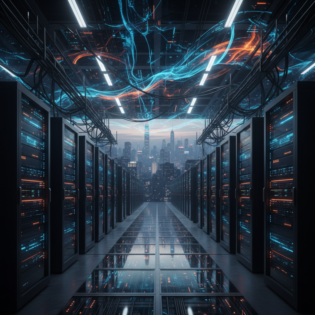 Pasillo central de un centro de datos con servidores negros, cables aéreos y visualizaciones digitales sobre un fondo de ciudad.