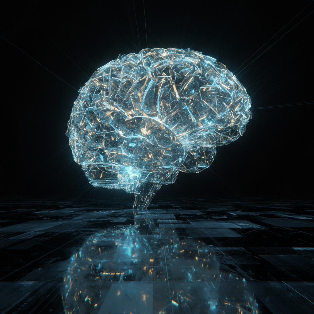 Representación digital de un cerebro humano compuesto por fragmentos de cristal iluminados sobre una superficie reflectante oscura.