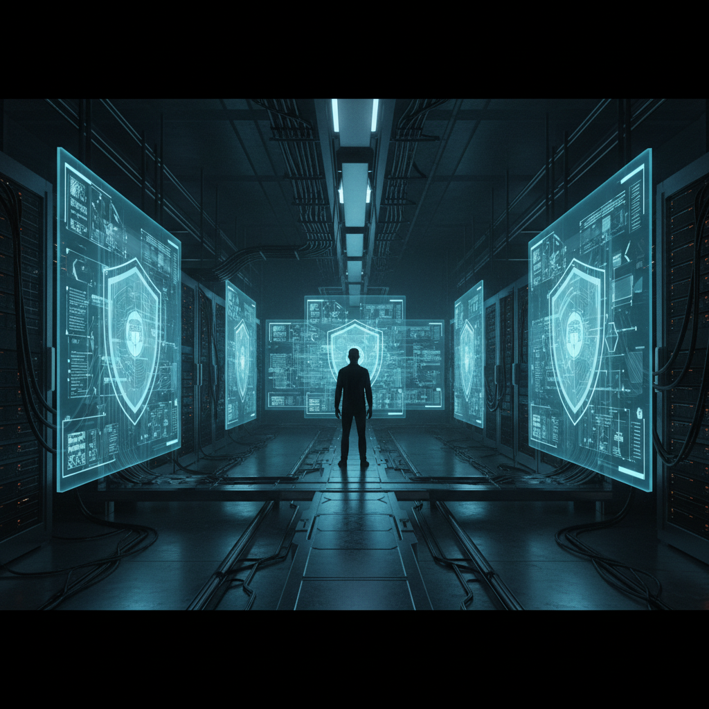 Persona de pie en un pasillo de un centro de datos rodeada de pantallas holográficas azules con iconos de escudos de seguridad informática.