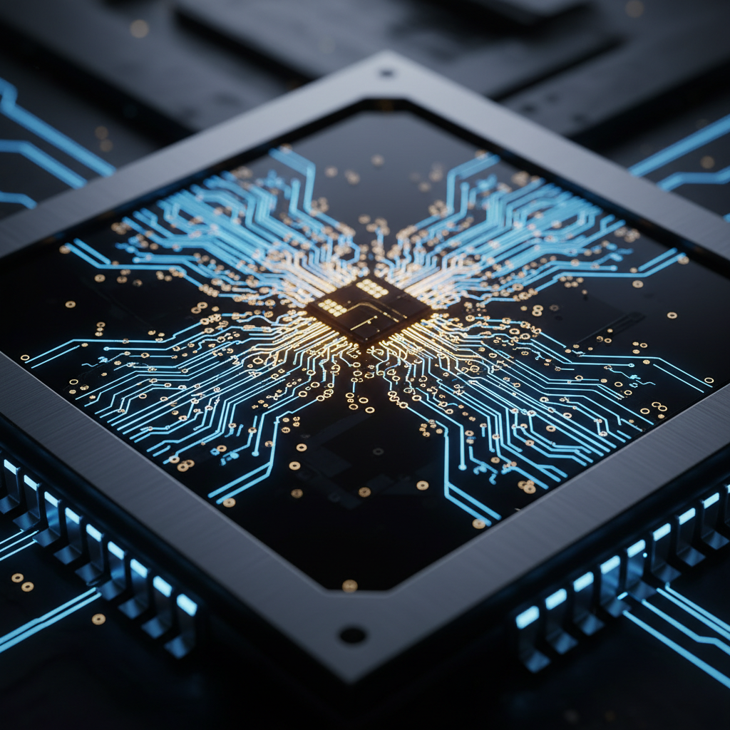 Microprocesador de computadora con circuitos electrónicos brillantes en tonos azules y dorados sobre una placa base.